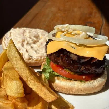 Linga Lapa beef burger with cheese and chips