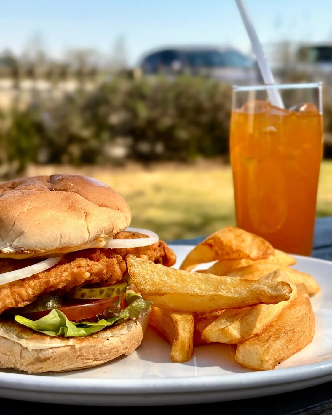 Crumbed chicken burger, chips and iced tea in the sun at Linga Lapa