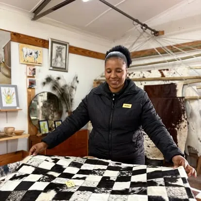 Linga Lapa team member showing a Nguni hide